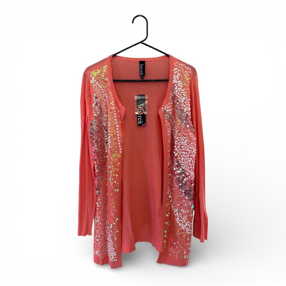 NWT Berek Coral Sequin Open Front Long Cardigan Size Medium